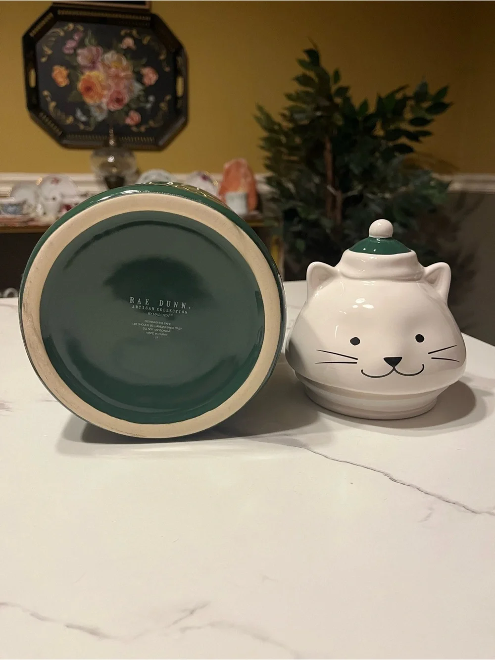 Rae Dunn Peace Love & Purrs Figural Cat Canister